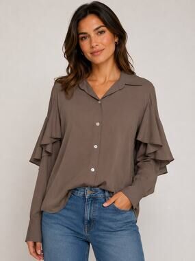 Fifteen Twenty Ruffle Sleeve Button Down Blouse Taupe Brown S NWOT